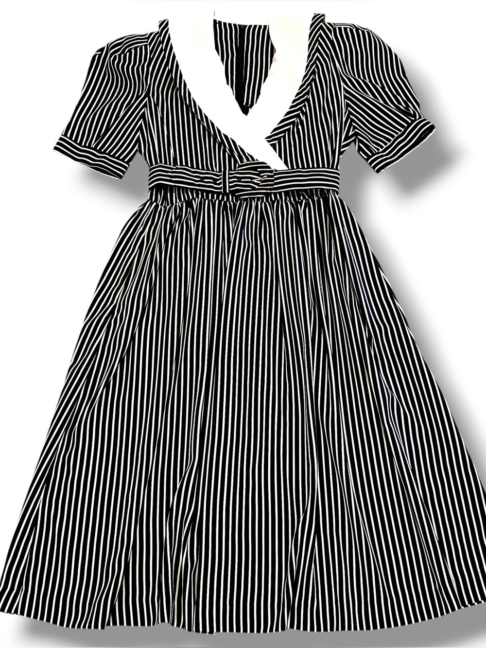 Vtg 80s JT Dress Navy White Striped Shawl Collar Swing Dress Belted Sz 14 F-4